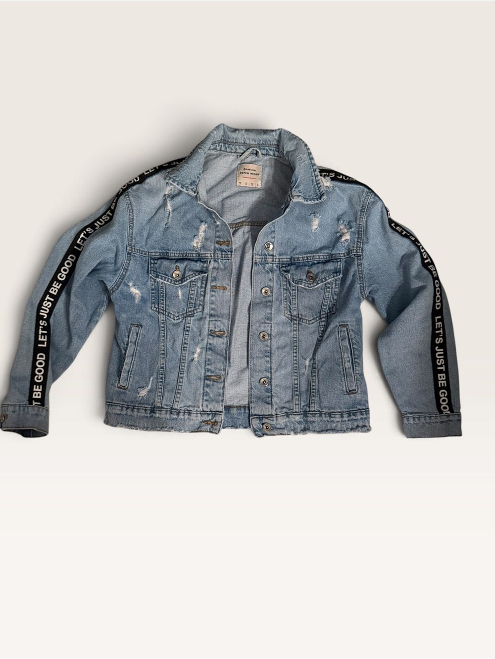 Stradivarius Womens M Distressed Jean Jacket Cropped Streetwear Tape Sleeves